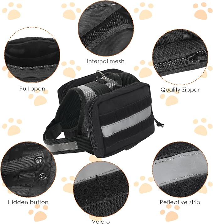 Yeebeny Service Dog Vest Harness Saddle Bag Backpack Pouch, Emotional Support Saddle Bag for Snacks, Poop Bags and Toys Practical Equipment Tactical Management Bag