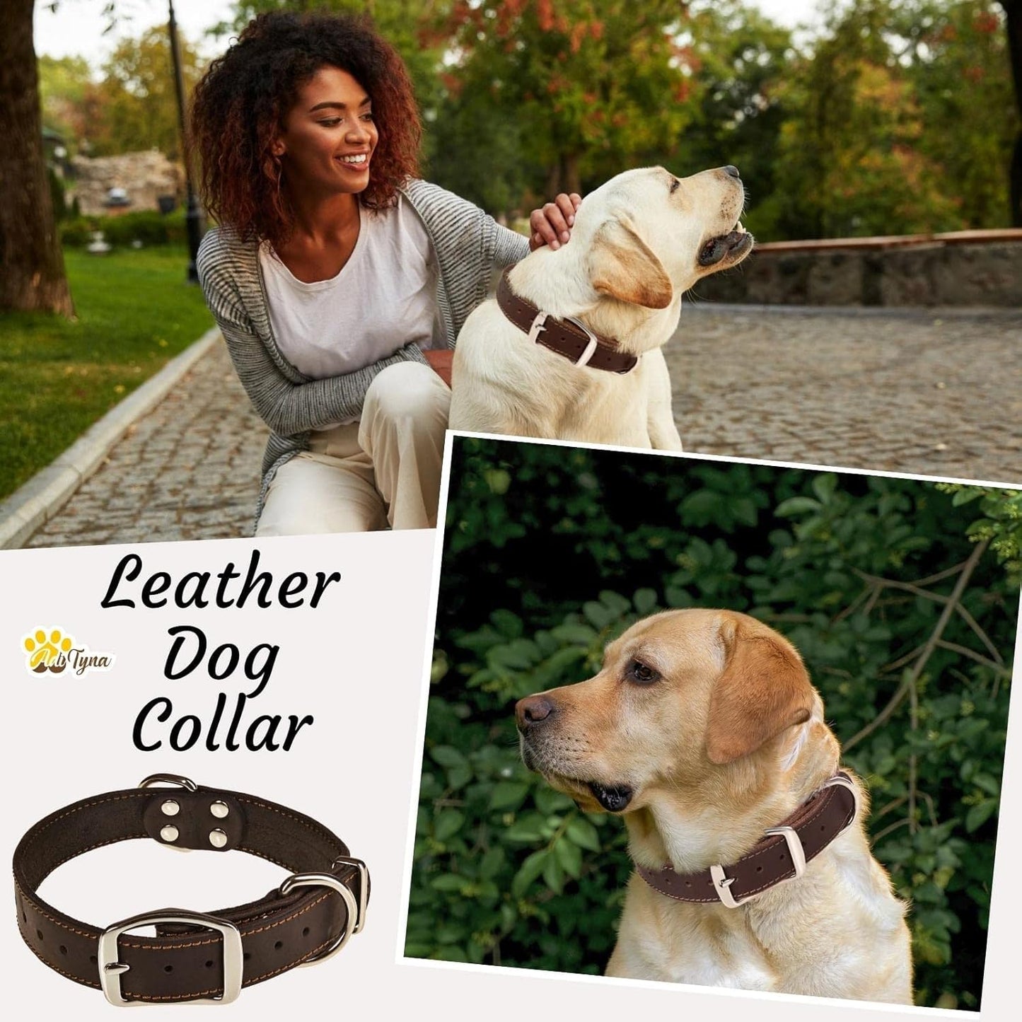 ADITYNA Heavy Duty Black Leather Dog Collar - Soft and Strong Medium Dog Collar for Walking, Training, Hiking, and Running (Medium: Fit 13" - 20" Neck, Black)