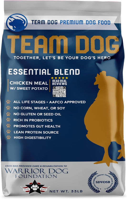 Team Dog Essential Blend Chicken & Sweet Potato | Sensitive Stomach Dog Food Small Breed & Large Breed | Gluten Free, GMO Free, No Corn, Wheat or Soy | All Life Stage Formula (33 lb Dry Dog Food)