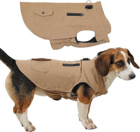 Workwear Style Dog Coats with Harness Built in for Small Dogs Windproof Warm Puppy Jacket with Storage Pockets for Cold Winter,LightBeige L