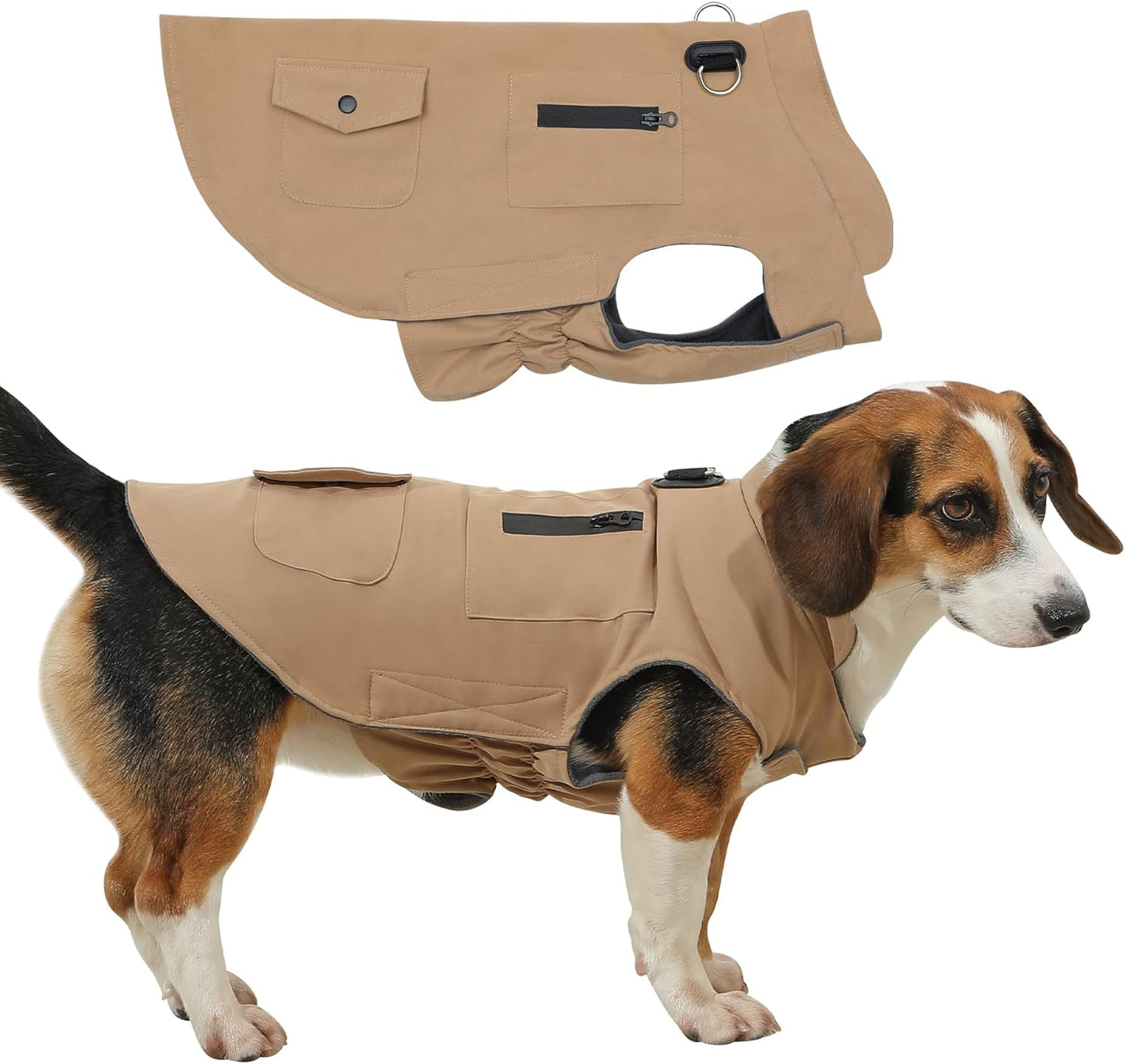 Workwear Style Dog Coats with Harness Built in for Small Dogs Windproof Warm Puppy Jacket with Storage Pockets for Cold Winter,LightBeige XXXL