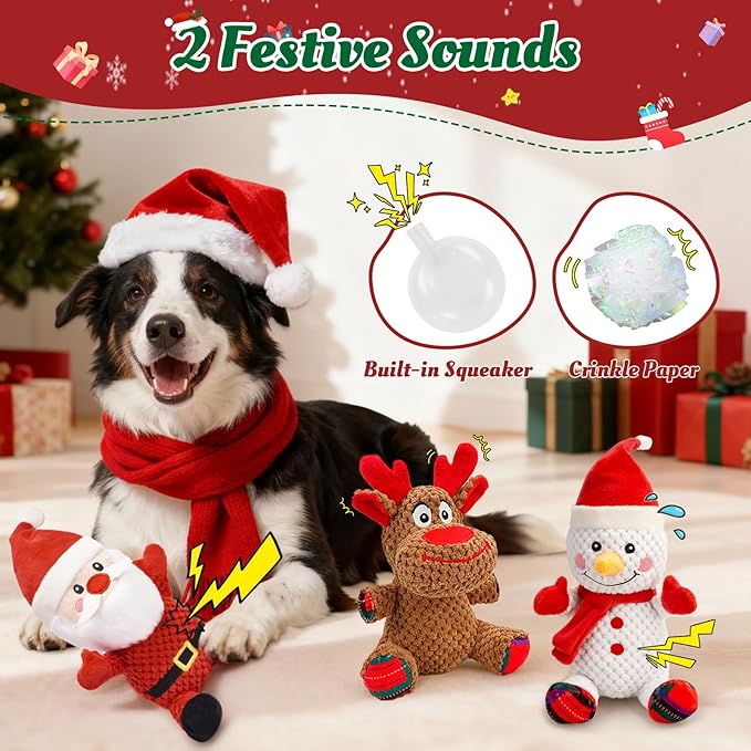 Christmas Dog Toys Set - 3 Pack Durable Squeaky Dog Toys for Small, Medium & Large Dogs, Soft Plush Santa, Reindeer & Snowman Gift for Pets