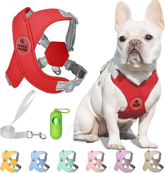 Patas Lague Dog Harness with Leash Set Adjustable Soft Padded Step-in Dog Vest No Choke No Pull Reflective for Small Pets with Poop Bags and Dispenser, Solid and No-chew, Red XS