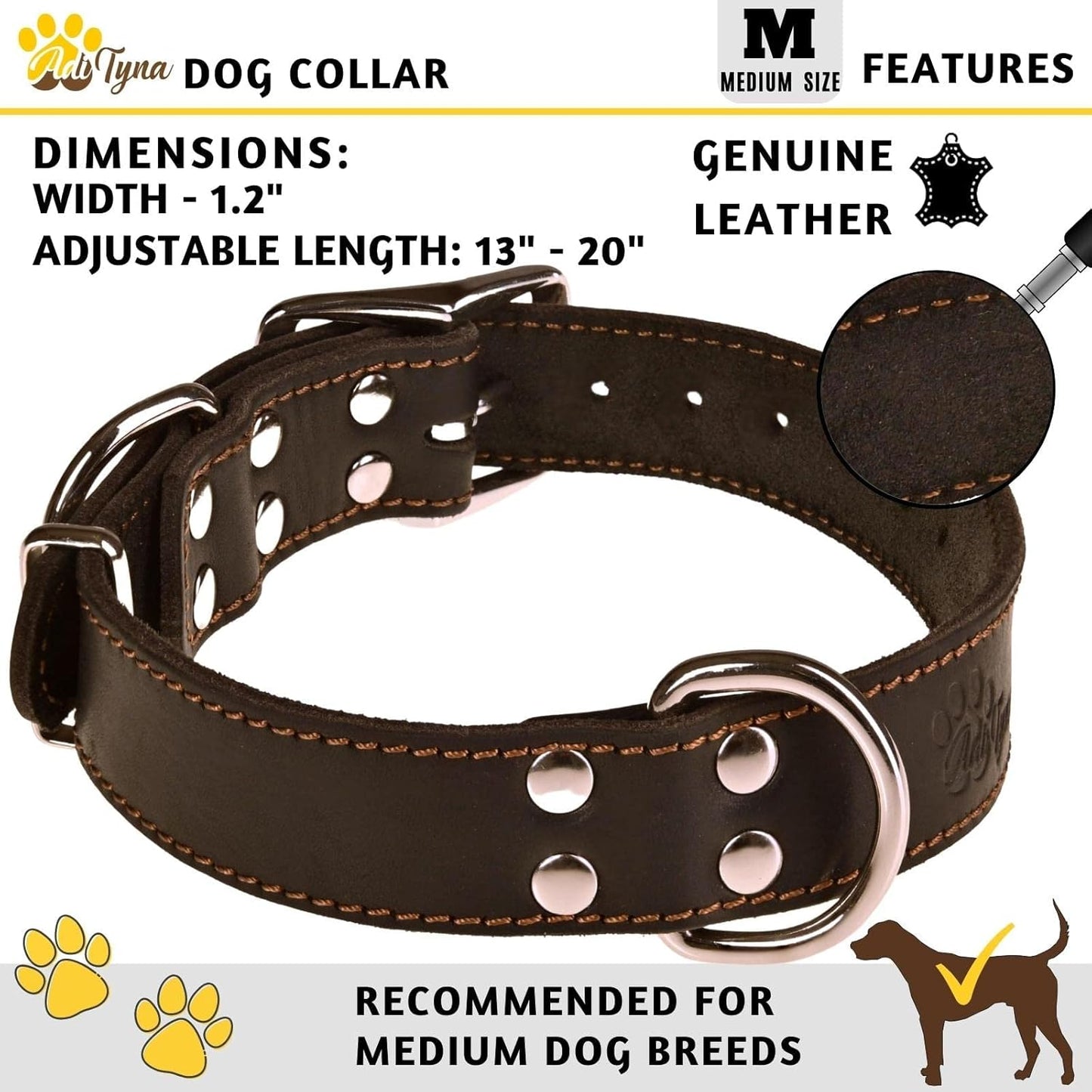 ADITYNA Heavy Duty Black Leather Dog Collar - Soft and Strong Medium Dog Collar for Walking, Training, Hiking, and Running (Medium: Fit 13" - 20" Neck, Black)