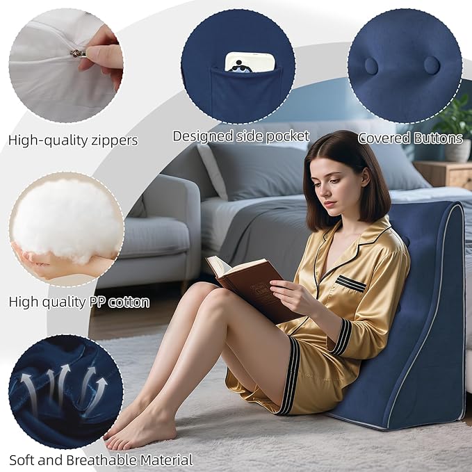 Bed Wedge Pillow for Headboard Triangle Pillow Wedge Set for Sitting in Bed Acid Reflux, Post Surgery and Snoring (Velvet Deep-Blue)