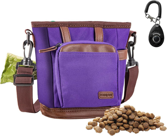 BEAU&FUR Large Dog Treat Pouch with Clicker for Training – 4 Cup Capacity, Built-In Poop Bag Dispenser, Expandable Pocket, Metal Buckle, Large Back Pocket, Ideal Design for Walks and Training – Purple