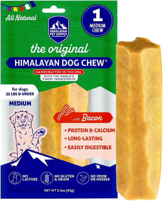 Himalayan Dog Chew Original Yak Cheese Chew, Bacon, 1 Medium Stick, 2.3 oz, Gluten Free, Healthy Treats, Grain & Lactose Free 100% Natural, Long Lasting, for Dogs Under 35 lbs