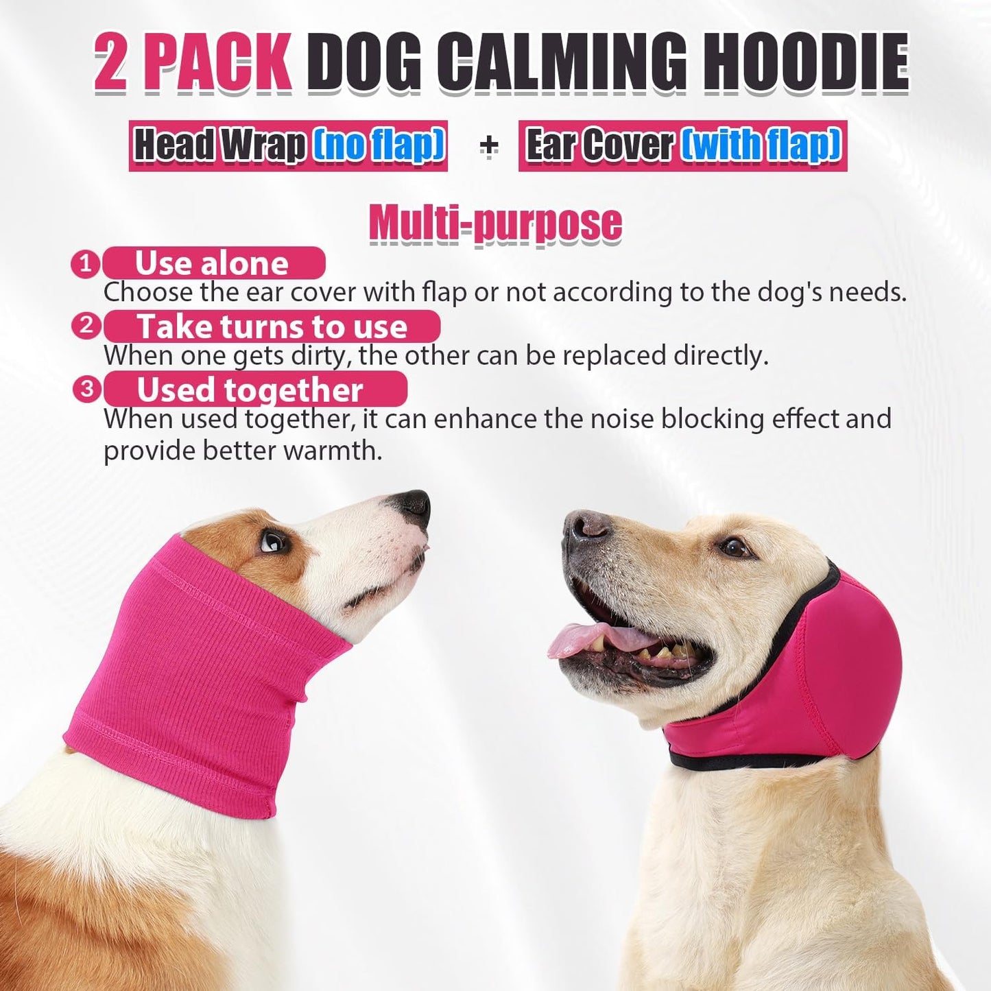 SlowTon Quiet Ears Dog Hoodie - 2 Pcs Ear Wrap Dog Ear Muffs Noise Protection, Anxiety Relief Dogs Hat Calming Hood Head Cover, Pet Headband Dogs Ear Protector for Grooming, Force Drying (Pink,M)