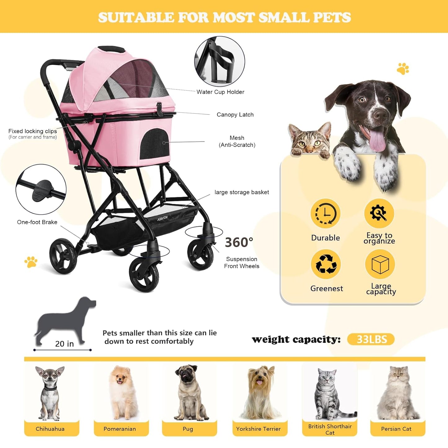 Pet Stroller for Small/Medium Dogs Cats Up to 33lbs, 3 in 1 Foldable Dog Stroller, Car Seat, Detachable Carrier with Anti-Scratch Mesh, Seat Belts, Comfort Cushions - Pink