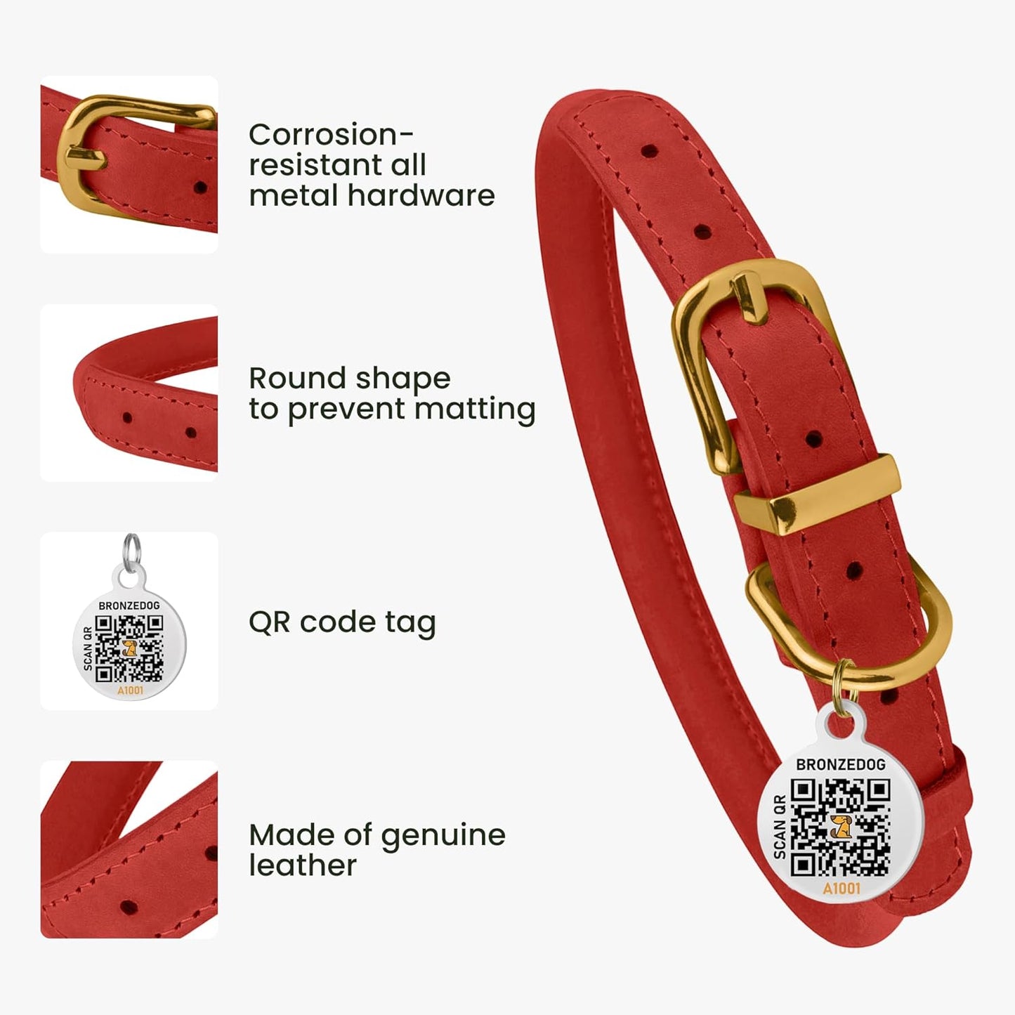 BronzeDog Rolled Leather Dog Collar with QR ID Tag, Adjustable Soft Round Collars for Small Medium Large Dogs Puppy (7" - 10" Neck Size, Classic Red)