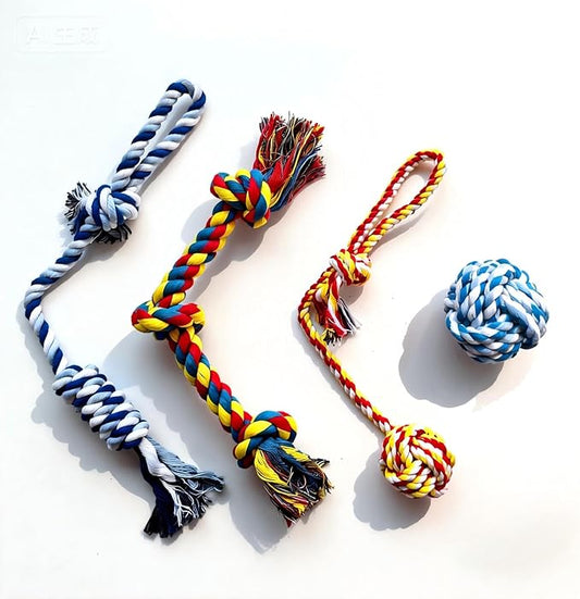 4-Pack Cotton Rope Dog Toys, Puppy Teething Chews for Small-Medium Breeds, Durable Tug-of-War & Fetch Toys for Indoor/Outdoor Play, Aggressive Chewers, Boredom Relief, Teeth Clean