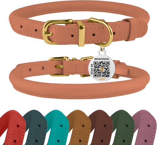 BronzeDog Rolled Leather Dog Collar with QR ID Tag, Adjustable Soft Round Collars for Small Medium Large Dogs Puppy (16" - 19" Neck Size, Peach)