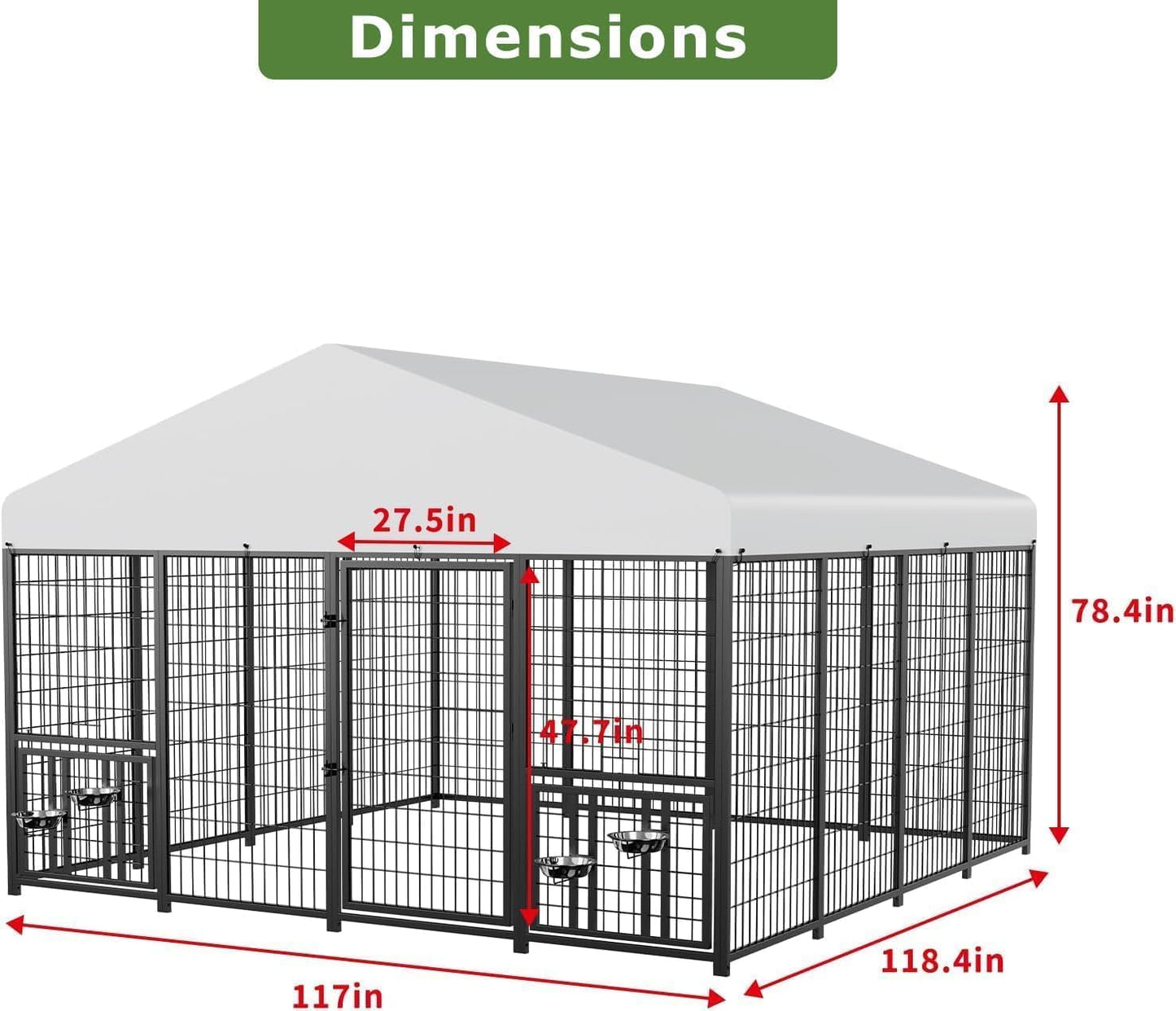 ROOMTEC Large Dog Kennel Outdoor Pet Pens Dogs Run with 4 Bowls (10' L x 10' W x 6.5'H)