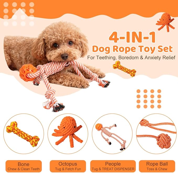 Puppy Chew Toys for Teething: Rope Dog Toys Durable Interactive Tug Play with Rubber Treat Ball for Small Medium Breed - Birthday Gift for Pet