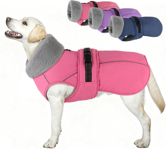 PETDSH Dog Coat Large, Windproof Dog Jacket with Warm Fleece Lining, Thickened Collar Dogs Winter Coat, Adjustable Reflective Pet Coats for Cold Weather (Pink, XX-Large)
