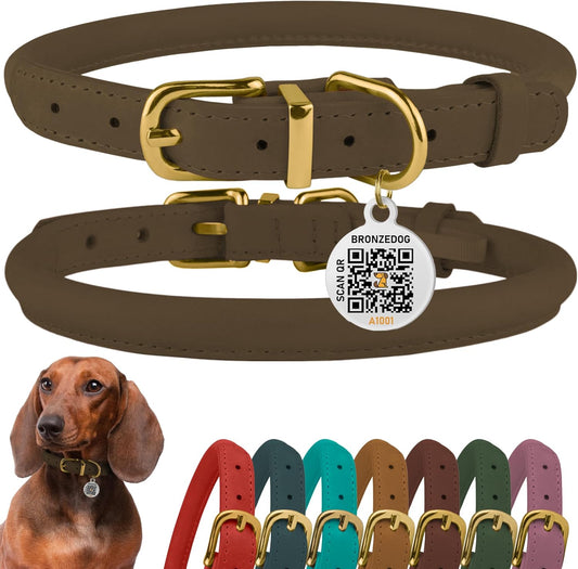 BronzeDog Rolled Leather Dog Collar with QR ID Tag, Adjustable Soft Round Collars for Small Medium Large Dogs Puppy (7" - 10" Neck Size, Nut Brown)