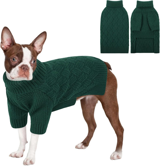 KOESON Large Dog Sweater, Warm Christmas Dog Sweaters for Large Dogs, Cable Knit Sweater for French Bulldog, Pug, Corgi, Boston Terrier, Easy On Xmas Sweaters for Dogs, Green, L