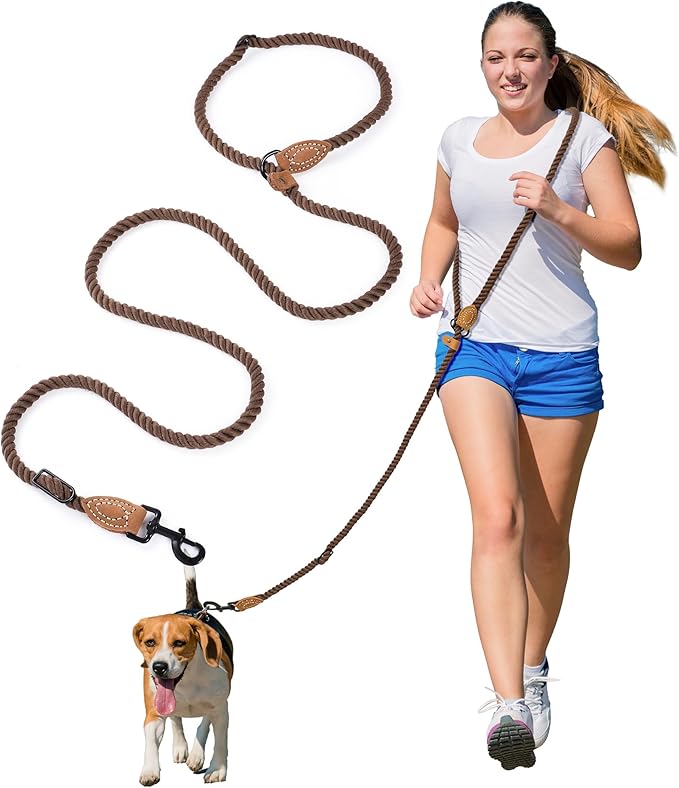 Mile High Life Hands Free Dog Leash, Crossbody Waist Leash with Genuine Leather Connection, Multifunctional Adjustable Slip Lead for Dog Walking Running (Dark Brown, 8FT)