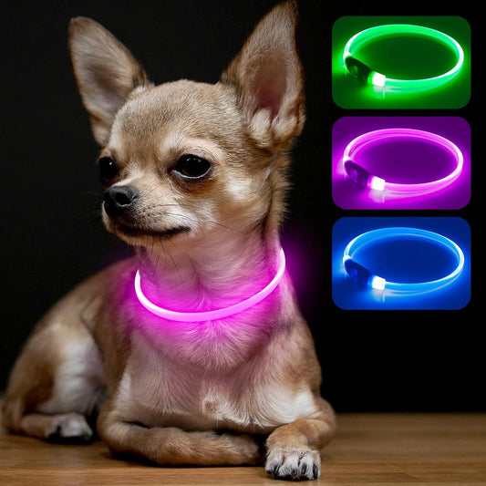 BSEEN Light Up Dog Collar - Rechargeable LED Dog Collar - Waterproof TPU Cuttable Glowing Pet Collar for Small Dogs& Cats - Safety Dog Lights for Night Walking (XS- Pink 40cm)