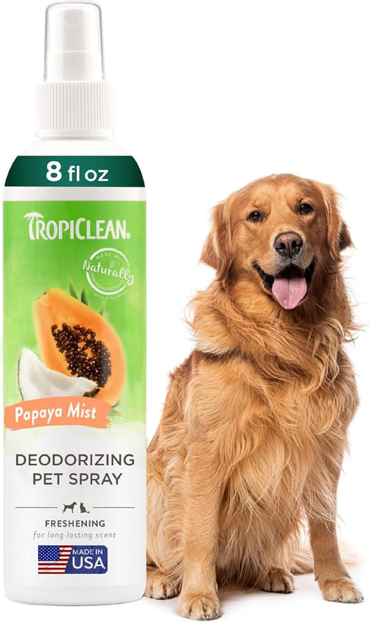 TropiClean Dog Perfume, Long Lasting Papaya Cologne, Deodorizing Spray for Smelly Dogs, After Bath Detangling Spray with Vitamin E, Safe for Cats, 8oz.