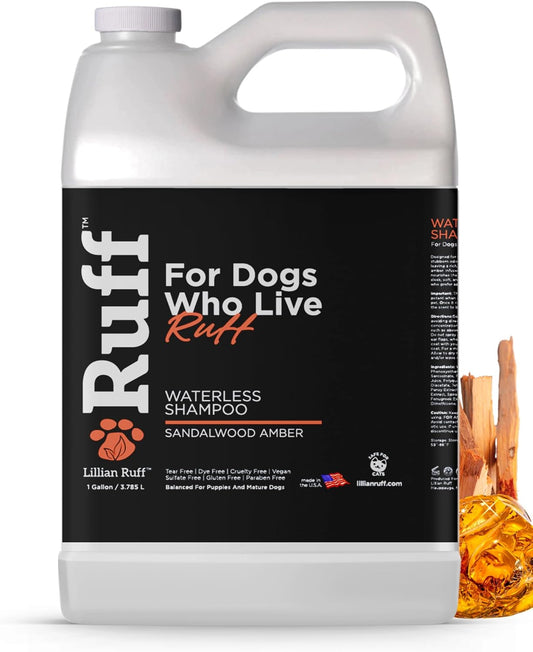 Ruff by Lillian Ruff No-Rinse Waterless Dog Shampoo Spray – Sandalwood Amber – Cleans, Conditions, Detangles & Deodorizes – Puppy & Cat Safe – USA Made (Gallon)