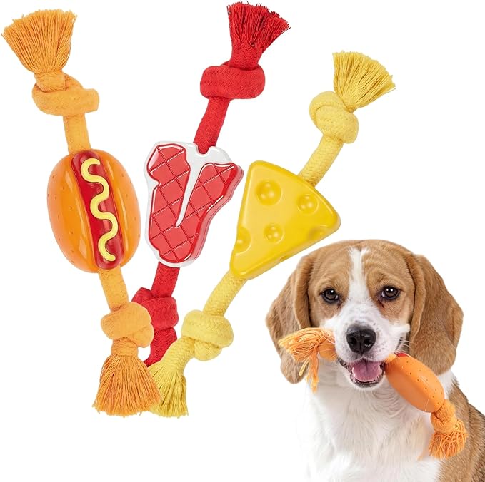 FOFOS Rubber Dog Rope Toys, 3 Pack Cheese Flavored Dog Chew Toys, Rubber Dog Toys with Cotton Rope, Boredom Relief Tug of War Toys for Small Medium Dogs