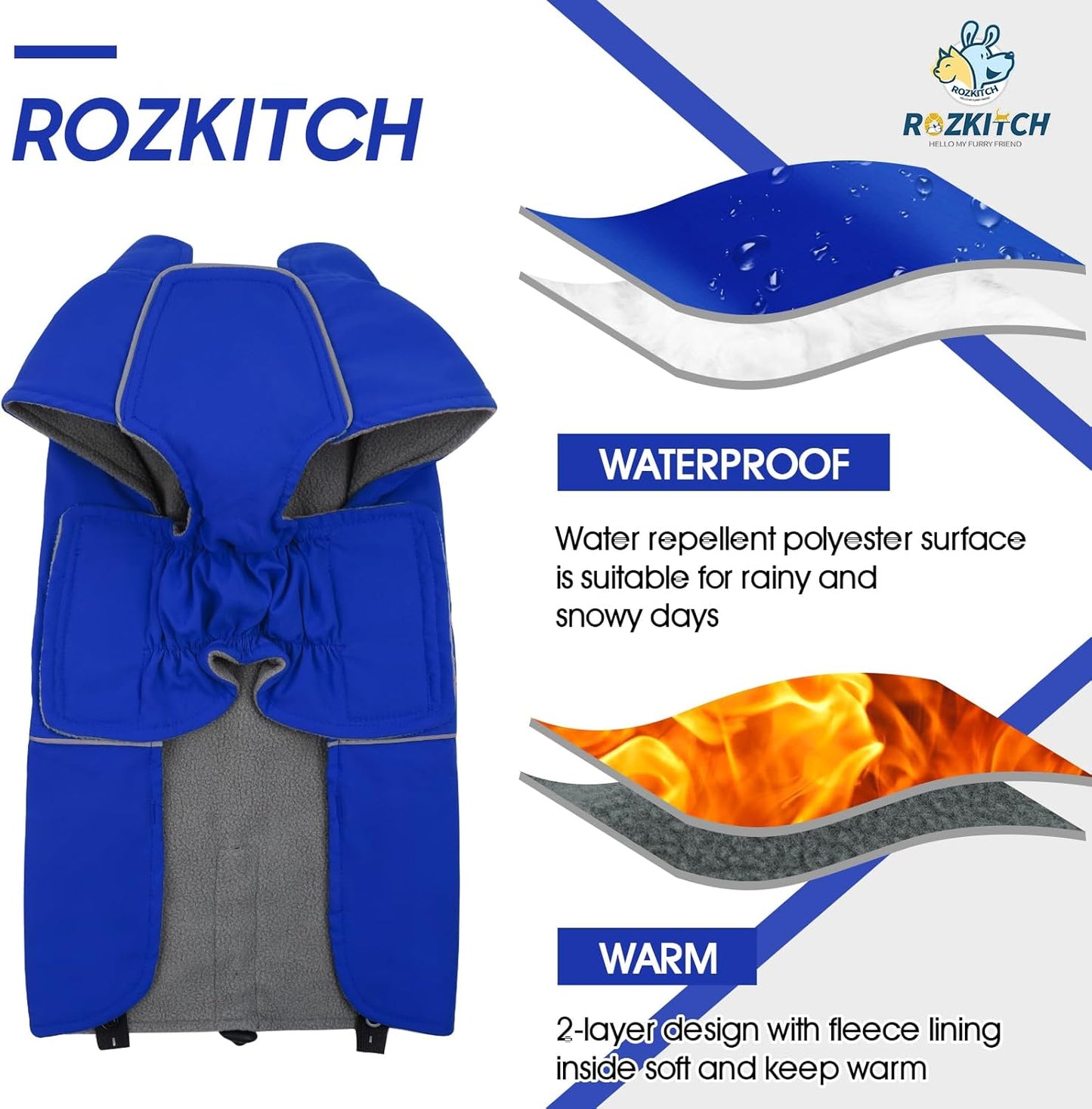 ROZKITCH Great Dane Clothes, Waterproof Dog Rain Jacket with Fleece Liner and Leash Hole Reflective Strip for Extra Large Dog, Windproof Adjustable Poncho Vest for Outdoor Hiking Travel Blue 3XL