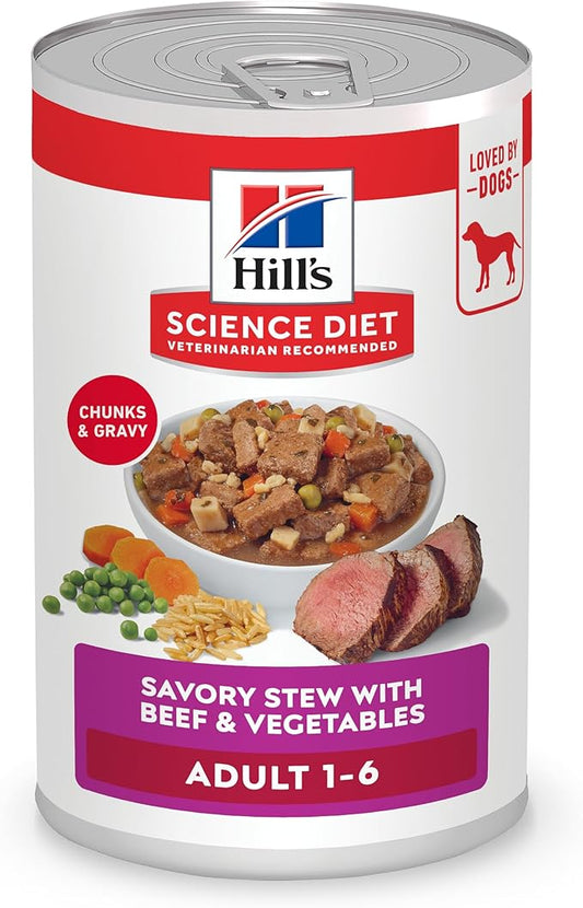 Hill's Science Diet Adult 1-6, Adult 1-6 Premium Nutrition, Wet Dog Food, Beef & Vegetables Stew, 12.8 oz Can, Case of 12