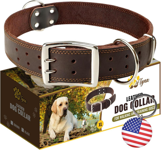 ADITYNA Big Leather Dog Collar - XXL Dog Collar for Giant Breeds Such as Mastiff (Giant: Fit 30" - 36" Neck, Brown)