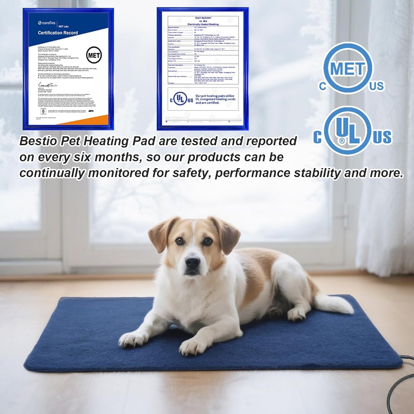 Bestio Heated Dog Bed 34x21in New Smart Thermostatic Switch with Constant-On Functionality UL & MET Dual Certified, Puppy Bed with Steel Cable Protection Tube - Blue