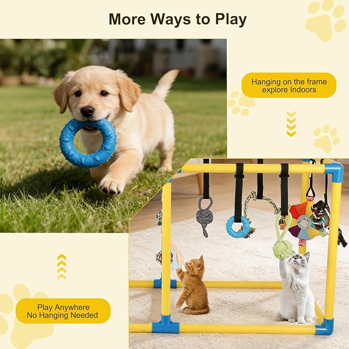 Upgraded Puppy Play Gym with 14 Hanging Toys -Small Dogs Indoor Jungle Gym-Adjustable PVC Frame, Teething & with Mental Stimulation