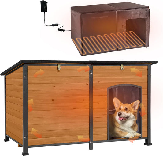 AIVITUVIN Outdoor Heated Dog House Anti Chewing Iron Frame Insulated Dog Kennel with Heating Pad Weatherproof Shelter （Brown,XL）
