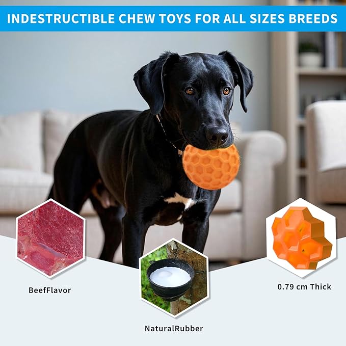 Durable Indestructible Squeaky Dog Ball for Aggressive Heavy Chewers, Unbreakable Tough Natural Rubber Dog Toy, Bouncy Interactive Ball for Medium & Large Dogs, Safe for Teeth & Gums (Orange)
