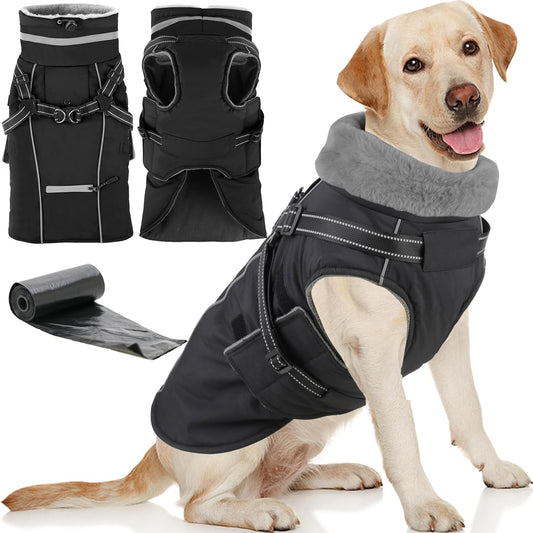 Doglay 2 in 1 Dog Coat with Harness Built-in, Waterproof Dog Winter Jacket with Pocket & Poop Bags, Reflective Adjustable Pet Winter Coat for Small, Medium, Large Dogs
