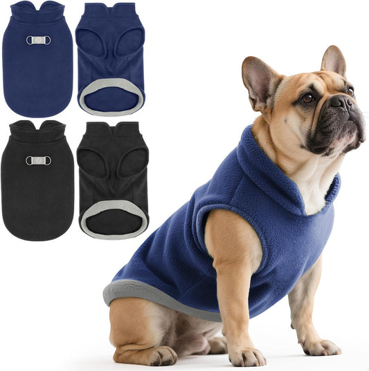 Idepet 2 Pack Dog Fleece Vest Sweater Warm Pullover Jacket with D-Ring Leash Reflective Winter Coat Hoodie for French Bulldog Pug Chihuahuas Yorkies Dachshunds(Black&Blue,XX-Large-French Bulldog)