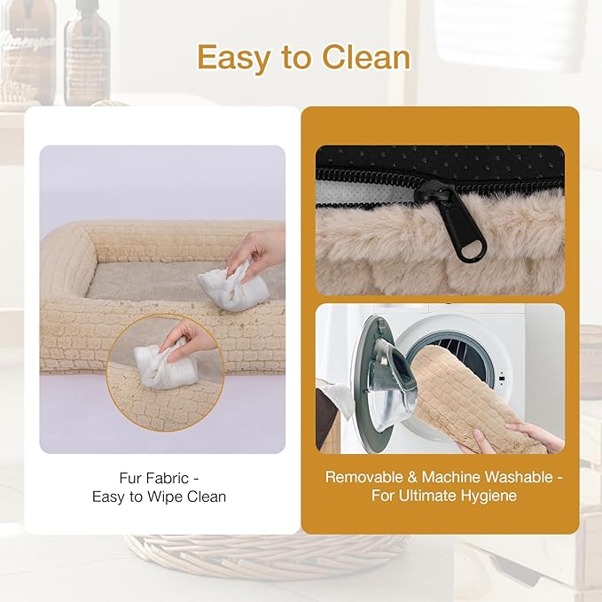 Plush Orthopedic Dog Bed for Medium Large Dogs, Memory Foam Bolster Sofa Bed with Removable Washable Cover, Waterproof Lining & Non-Slip Bottom (Tan-M)