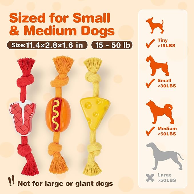 FOFOS Rubber Dog Rope Toys, 3 Pack Cheese Flavored Dog Chew Toys, Rubber Dog Toys with Cotton Rope, Boredom Relief Tug of War Toys for Small Medium Dogs