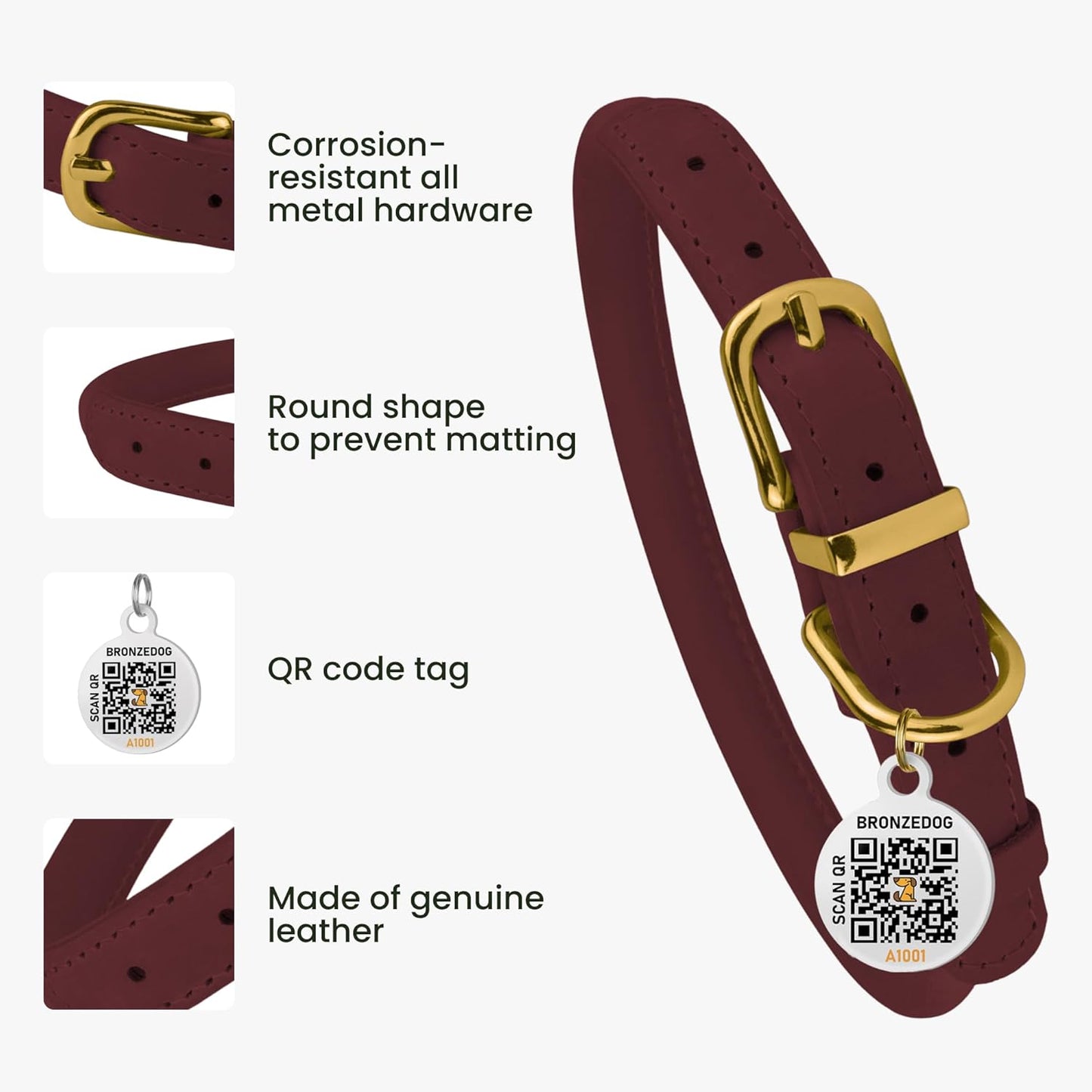 BronzeDog Rolled Leather Dog Collar with QR ID Tag, Adjustable Soft Round Collars for Small Medium Large Dogs Puppy (14" - 16" Neck Size, Burgundy)
