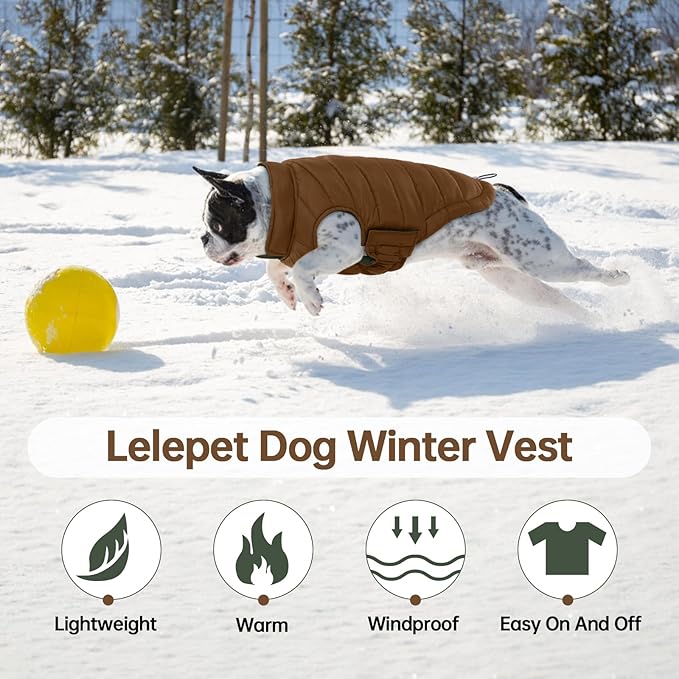 Lelepet Reversible Dog Coat Waterproof Dog Jacket Windproof Puffer Vest for Winter Warm Lightweight Coats for Small Dogs Adjustbale Hook & Loop Pet Apparel with Leash Hole, Shih Tzu, Brown, S