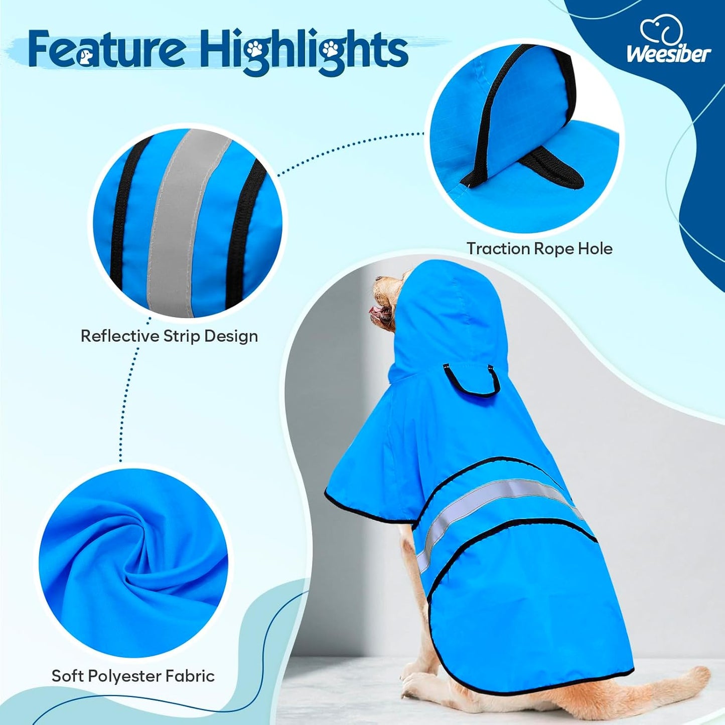 Weesiber Dog Raincoat, Waterproof Dog Rain Jacket with Leash Hole, Hooded Puppy Rainwear Poncho Slicker for Walking (M, Blue)