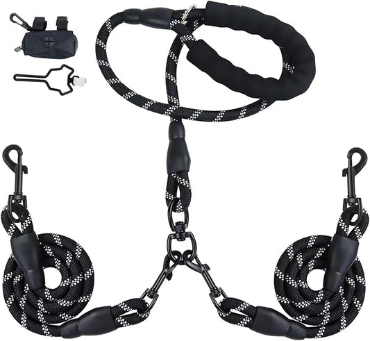 Double Dog Leash for Two Dogs, Heavy Duty Reflective Double Leashes for 2 Dogs, 360° Swivel Dual Dog Leash Tangle Free Large Dogs & Medium Dogs, with 2Pcs Dog Poop Bag Holder, Black