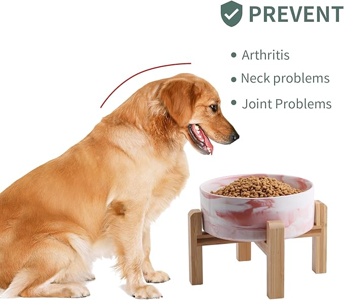 Elevated/Raised Dog Bowl Ceramic for Small Medium Sized Breed,Dog Food Water Bowl with Stand,6 in 3.6 Cups Non Slip Heavy Weighted Marble Pink