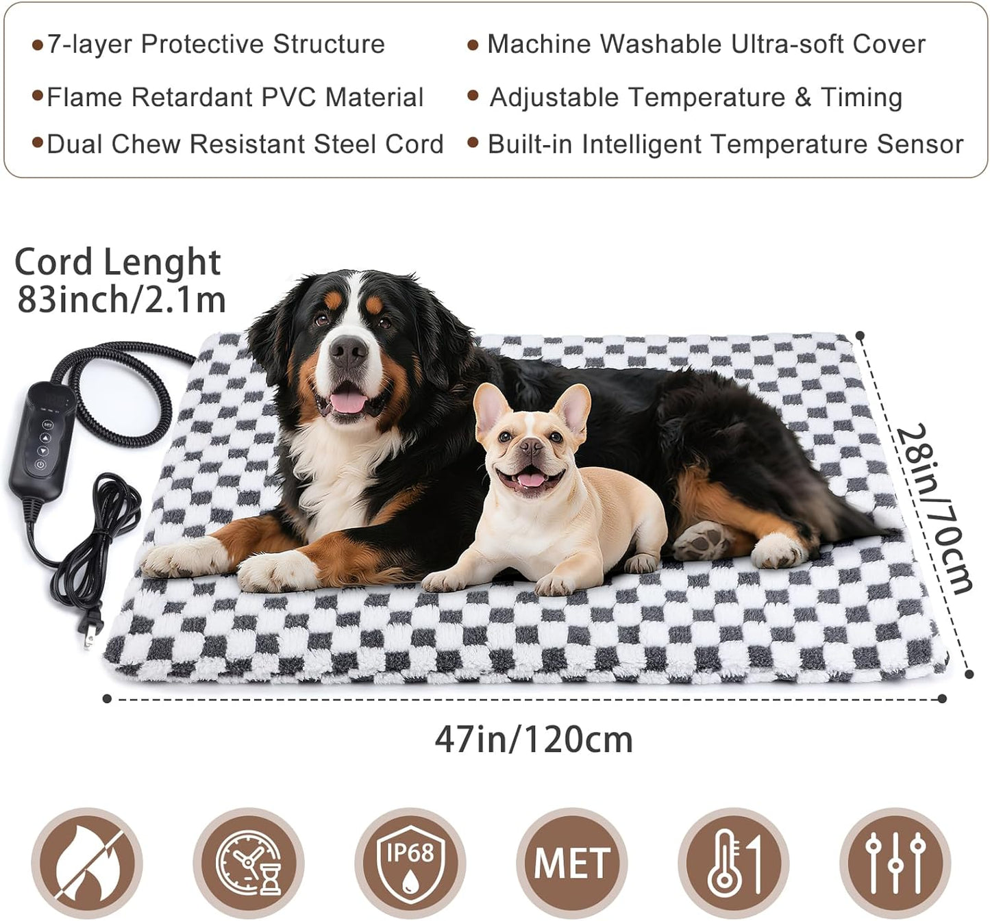 MIXJOY Heated Dog Bed, Waterproof Electric Dog Cat Heating Pad with Timer, Temperature Adjustable Heated Cat Bed for Winter, Auto Power-Off, Anti-bite Heating Pad for Dogs Cats-47''x28'', XLarge