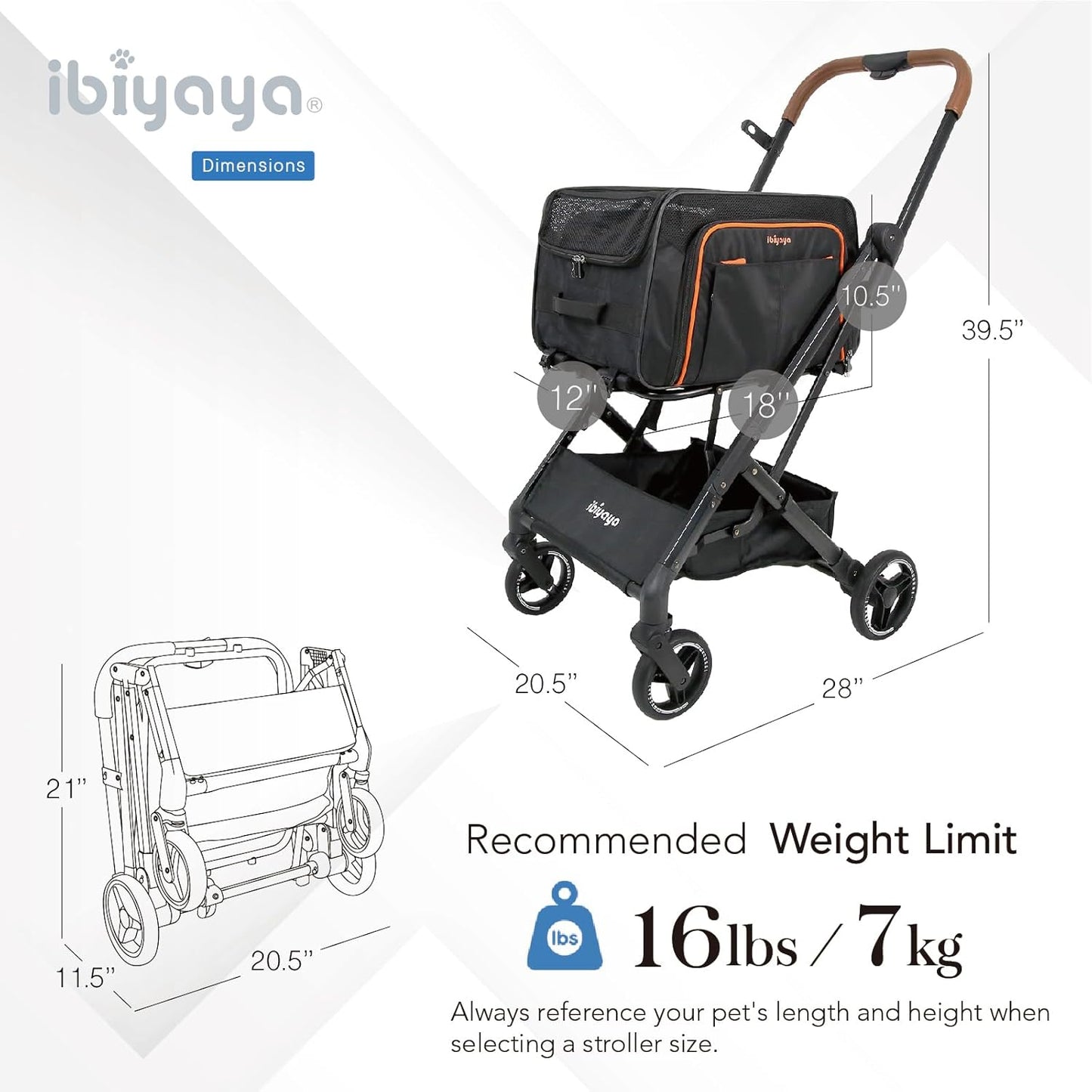 ibiyaya - Compact 3-in-1 Convertible and Foldable Small Pet Carrier and Stroller Combo System, Travel Friendly Cat Stroller and Dog Stroller - Pets up to 17 Pounds - Black