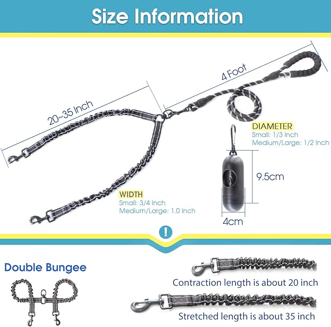 BAAPET Double Dog Leash, 4 FT Rope Dog Leash with Tangle Free Shock Absorbing Bungee and Poop Bags for Dual Small Medium Large Dogs (Medium/Large, Black)