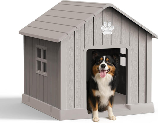 Vixzen 32in Large Outdoor Dog House,Durable Water Resistant Resin Dog House,Doghouse for Small to Large Dogs Indoor or Outside,with Air Vent and Elevated Floor,Gray