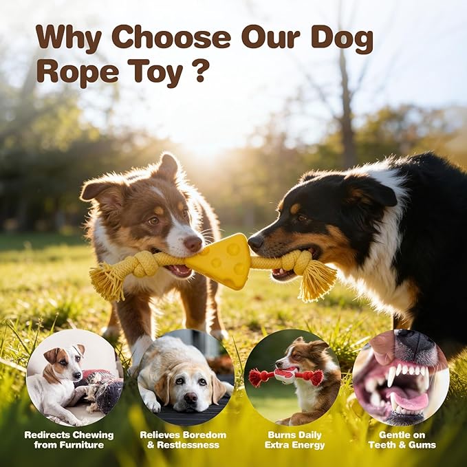 FOFOS Rubber Dog Rope Toys, 3 Pack Cheese Flavored Dog Chew Toys, Rubber Dog Toys with Cotton Rope, Boredom Relief Tug of War Toys for Small Medium Dogs