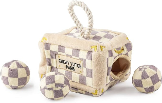 Haute Diggity Dog Checker Chewy Vuiton Trunk Activity House, Plush Designer Dog Toys with Interactive Squeaker, Stimulating Pet Enrichment, Machine-Washable & Safe Materials for All Breeds, One Size
