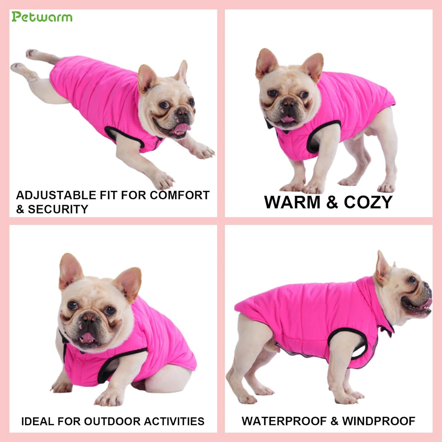 PetWarm Reversible Dog Winter Coat, Windproof Dog Puffer Vest, Soft Vest for Dogs with Hook-and-Loop Strap for Easy Dressing, Waterproof Coat for Dogs with Adjustable Fit, Pink, M