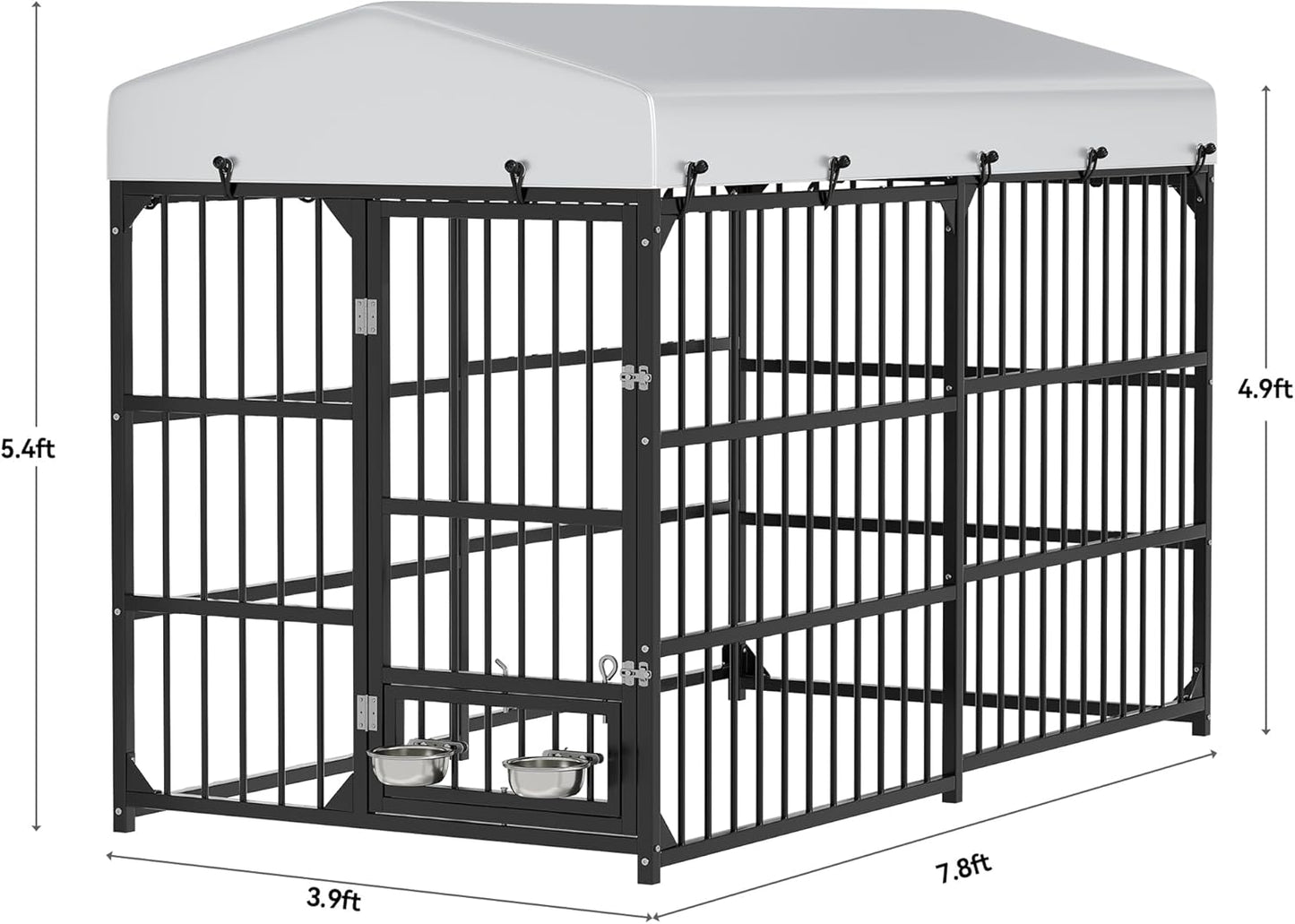 DWVO Large Outdoor Dog Kennel with Rotating Feeder Bowls, 8'L x 4'W x 5.4'H Dog Kennel Outside with Roof, Heavy Duty Dog Cage with UV-Resistant Waterproof Cover for Medium Large Dogs